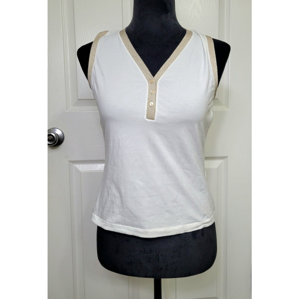 lafayette 148 Sleeveless Blouse Top Tank Size S Ivory‎ W/ Gold Trim